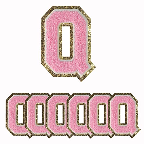 6 PCS Iron on Letter Patches, Gold Glitters Patches & Pink Chenille, Decorative Repair Embroidered Patches Personalized Sew On Patches for Clothing Repairing Hats Shirts Shoes Jeans Bags Letter Q