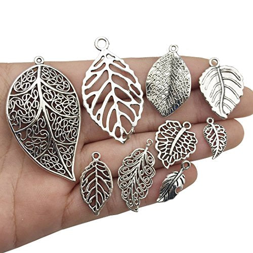 Tree Leaf Charms Collection, Mix Hollow Filigree Leaves Charm Metal Pendant Supplies Findings for Jewelry Making (HM91)