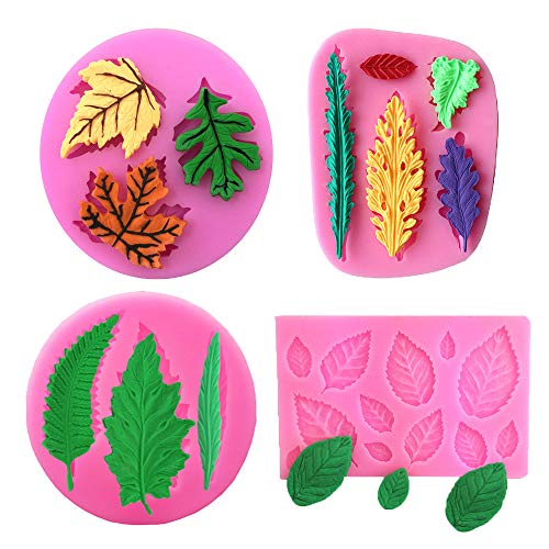 Set of 4 Assorted Leaf Fondant Silicone Mold,LQQDD Leaf Candy Mold for Cake Decoration, Cupcake Topper,Sugarcraft,Polymer Clay, Soap Wax Making Crafting Projects