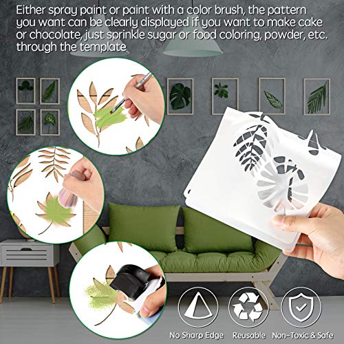 12 Pieces Reusable Fern Leaf Painting Stencils Tropical Palm Turtle Leaf Wall Stencil Flexible Botanical Leaves Template Set Crafts DIY for Furniture Canvas Wood Plank (6 x 12 Inches)