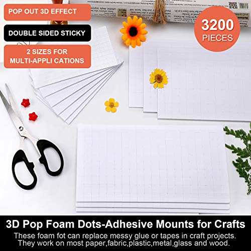 16 Sheets Foam Dots Adhesive Foam Square Mount Dual-Adhesive 3D Foam Tapes 2 Sizes Foam Pop Dots for Craft DIY Office Supplies, 0.24 Inch and 0.4 Inch, 3200 Pieces in Total