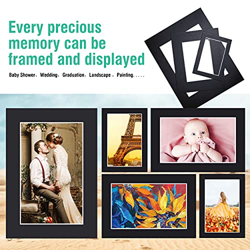 Acid Free 5 Pack 11x14 Pre-Cut Mat Board Show Kit for 8x10 Photos, Prints or Artworks, 5 Core Bevel Cut Matts and 5 Backing Boards and 5 Crystal Plastic Bags, Black