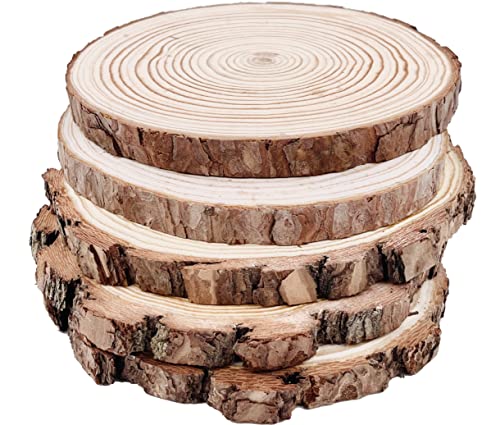 Natural Round Discs Rustic Wood Slices 5 Pcs 7-8 inch Unfinished Wood kit Circles Crafts Tree Slices with Bark Log Discs for DIY Arts and Wedding Christmas Ornaments