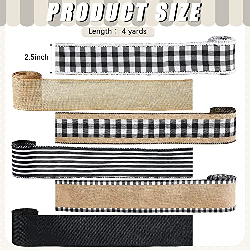 6 Rolls Wired Edge Ribbons 2.5 Inches x 24 Yards Burlap Ribbon Black and White Fabric Ribbons Plaid Stripe Craft Wired Ribbon Christmas Tree Ribbon for Farmhouse Holiday Wreath Home Decor