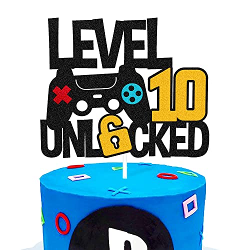 Level 10th Unlocked Cake Topper Game Controller 10s Cake Decoration Happy 10 Birthday Cake Decor Video Play Game Movie Theme Boys Girls Men Women Teenager Bday Party Event Celebration Supplies