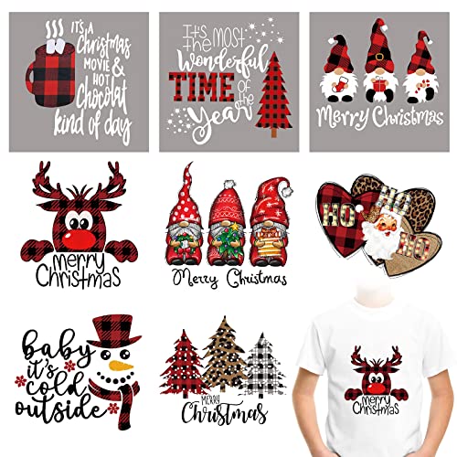 8 Sheets Christmas Iron on Stickers Cute Heat Transfer Vinyls Stickers Decals Patches Santa Claus Elk Appliques for Clothing Design Pillow Covers T-Shirt Jackets Hoodies DIY Decoration