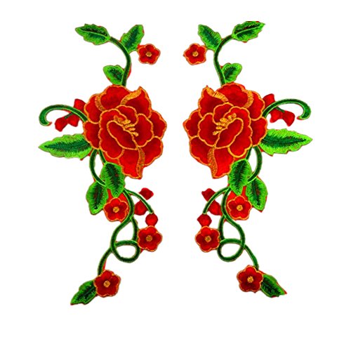 1 Set Peony Rose Embroidered Flower Patches Gold Trimming Sew Iron on Floral Applique Motif (Red)