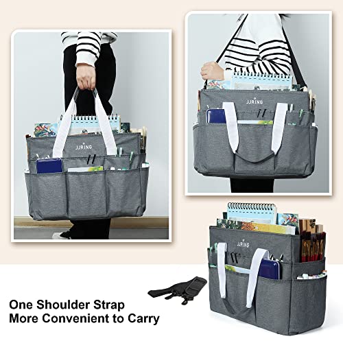 Jjring Craft Organizer Tote Bag, Large Art Storage Caddy with Multiple Pockets, Gray Sewing Bag for Art, Craft, Scrapbooking, School, Medical, and Office Supplies Storage