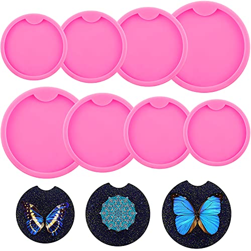 8 Pieces Car Coaster Mold DIY Round Coaster Silicone Mold Epoxy Resin Casting Mold DIY Molds Silicone Keyring Mold for Cup Mats, Home Decoration, Pink, 6.5 cm, 7.5 cm,8.5cm, 10cm Diameter