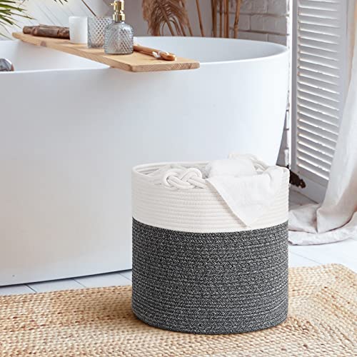 Goodpick Cotton Rope Basket with Handle for Baby Laundry Basket Toy Storage Blanket Storage Nursery Basket Soft Storage Bins Woven Basket, 15'' × 15'' × 14.2'', Dark Grey