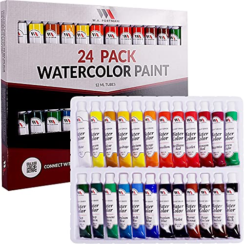 WA Portman 24 pack Watercolor Paint Set - 12ml Watercolor Paint Tubes - Set of 24 Water Color Paint Tubes - Watercolor Paints in Tubes - 24 Pack Watercolor Set - Water Color Paints for Artists