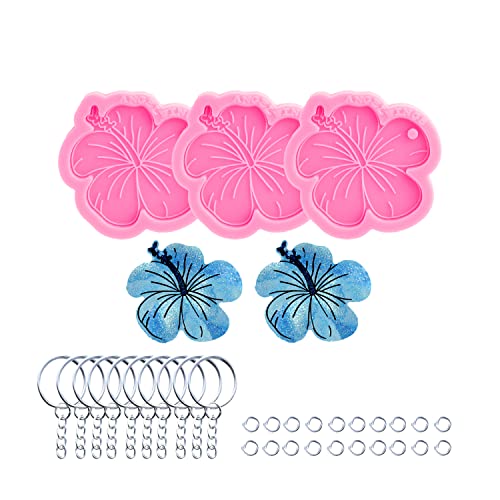 AMZTOART 3pc Hibiscus Flower Silicone Keychain Mold Resin Crafting Epoxy Art DIY with 10Pc Key Ring , Fondant Chocolate Mold Cake Decoration (DY0844+DY0844+DY0844+PJ)