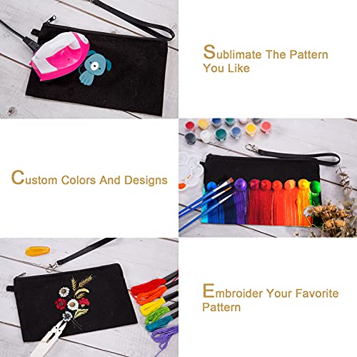 Sntieecr 10 Pack Black Cosmetic Bags Sublimation Blank Heat Transfer Makeup Bags with 10 Pieces Wristband Lanyards for DIY Craft Travel Pencil Bags (8.3 x 5.1 Inch)