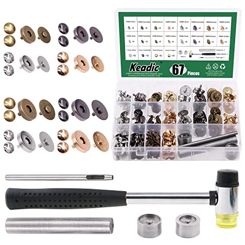 Keadic 69 Sets 14/18mm Bag Clasps Button Snaps Color Assortment Kit with Install Tool, Silver/Gun Metal/Bronze/Gold/Silver Sewing Knitting Buttons for Handbag Purses Bags Wallet Clothes Leather