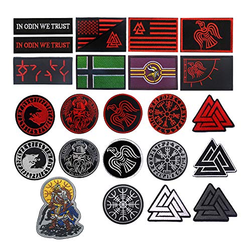 Norse Vegvisir Compass Raven Rune Patch in O-din We Trust God Wolf USA Flag Valhalla Valknut Helm of Awe Morale Tactical Combat Badge Emblem (in Odin (Black))