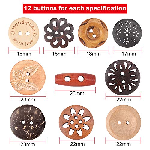 Assorted Wooden Buttons, 120Pcs Wooden Handmade Buttons, Wooden Sewing Buttons Art DIY Craft Supplies with Box