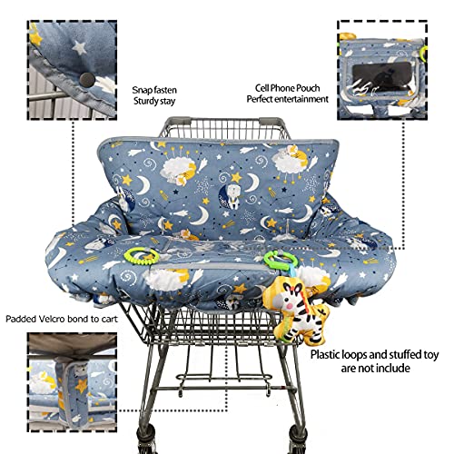 Shopping cart Cover, cart Cover for Babies, Padded high Chair Cover, Bonus Split Reversible seat Cushion, Cell Phone Pouch, Collection Pocket, Neutral for boy or Girl, Large