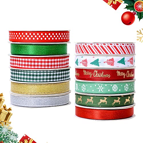 Ribest Christmas Ribbon Grosgrain Ribbon 3/8" Xmas Ribbon Set for Gift Wrapping Bows Making Crafts Holiday Décor