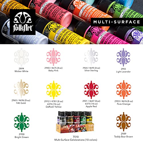 FolkArt Color, 10 Bottle Multi-Surface Acrylic Paint Set, 2oz, Celebrations