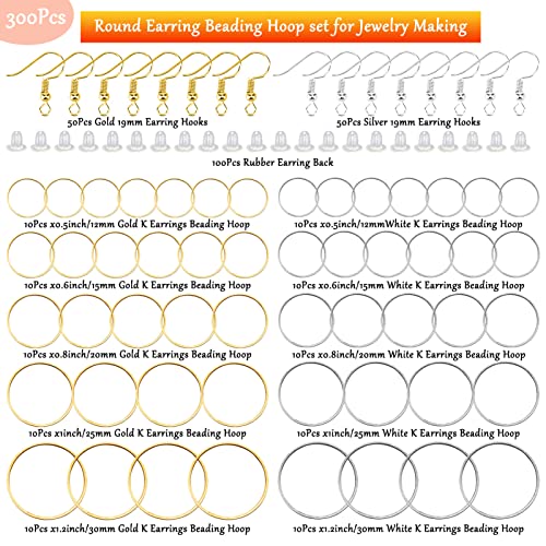 300Pcs Round Earring Beading Hoop Set for Jewelry Making,100Pcs Beading Hoop Rings Open Bezels Linking Rings 100Pcs Earrings Hook 100Pcs Earring Backs for DIY Craft,Earring Necklace,Crafts Supplies