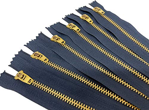 AMORNPHAN 6 pcs 5 Inch Metal Zippers Closed End #5 Navy Tape Golden Brass Teeth Spring Lock Slider Heavy Duty for Jeans Denim Pockets Clothes Crafts Sewing (5")