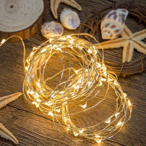 Minetom Fairy Lights Plug in, 33Ft 100 LEDs Waterproof Silver Wire Firefly Lights, UL Adaptor Included, Starry String Lights for Wedding Indoor Outdoor Christmas Patio Garden Decoration, Warm White