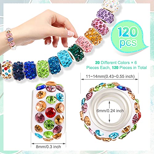 Junkin 120 Pieces Rhinestone European Beads Crystal Charm Beads with Large Hole Rhinestone Spacer Beads for DIY Bracelet Earring Necklace Crafts Making Supplies, 20 Colors
