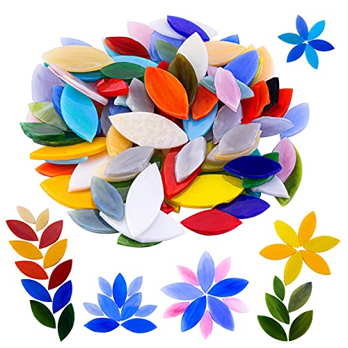 Yoption 100 Pieces Petal Mosaic Tiles, Hand-Cut Stained Glass Flower Leaves Tiles for Art Craft and Home Decorations