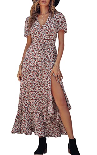 PRETTYGARDEN Women's Summer Wrap Maxi Dress Casual Boho Floral V Neck Short Sleeve Ruffle Hem Split Beach Long Dresses(White Red Floral,XX-Large)