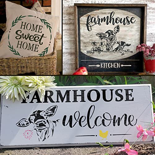 Farmhouse Stencils for Painting on Wood, Vertical Welcome Stencil Sign, Farm Truck/Cow/Farm Animals Stencils, Large Stencils for Crafts, Wood Signs, Canvas, Drawing - Great for Reusable Stencil Décor