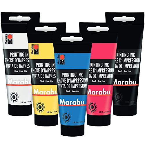 Marabu Fabric Screen Printing Ink - Set of 5 Colors Water-Based Screen & Block Printing Ink - Primary Yellow, Magenta, Cyan, Buff Titanium Light, and Carbon Black Screen Print Ink - Large 100ml Tubes