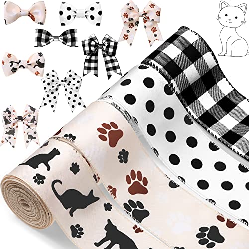 4 Rolls 24 Yards Dog Ribbon 2.5 Inch Wired Paw Print Wire Wrapping Ribbon for Christmas DIY Wrapping Wedding Floral Bows Decor Home Party Ornaments (Mix Color,Cat Figure)