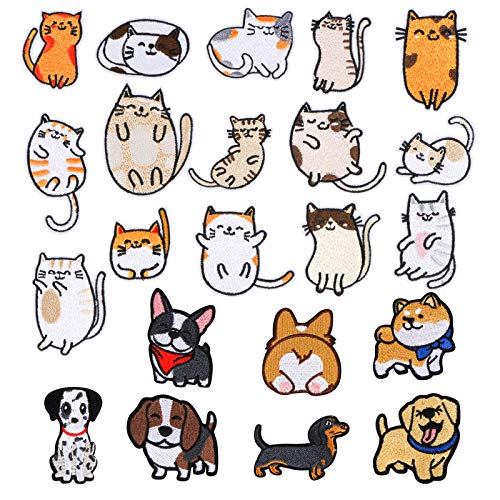 ROLEES Embroidered Iron on Patches, 22PCS Vivid Cute Cat and Dog Embroidery Patches for Dress Jeans Jackets Backpacks Sewing Flowers Applique DIY Accessory