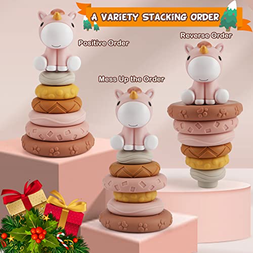 Nueplay 7 Pcs Stacking & Nesting Baby Toys, Squeeze Teething Baby Toys and Building Circle with Pink Horse Figure, Early Educational for 6 12 18 Months Baby Toddler Boys Girls