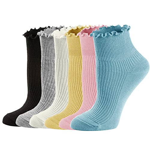 Mcool Mary Women's Ankle Socks, Ruffle Turn-Cuff Casual Cute Socks Summer Cotton Knit Lettuce Low Cut Frilly Socks for Women 6 Pack