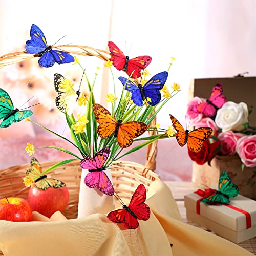12 Set Monarch Butterfly Decorations Feather Butterflies Picks Butterflies for Spring Flower Arrangements Butterfly on Wire for Crafts Butterfly DIY Crafts Garland(Bright Color,4x2.4 Inch)