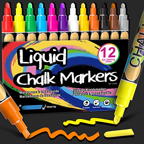 12 Liquid Chalk Markers Erasable Chalk Pens - Window Markers for Glass Washable, Chalk Markers for Chalkboard, Car Window, Menu Board, Mirror, Wet Erase Neon Markers, Reversible Tip Chalkboard Markers
