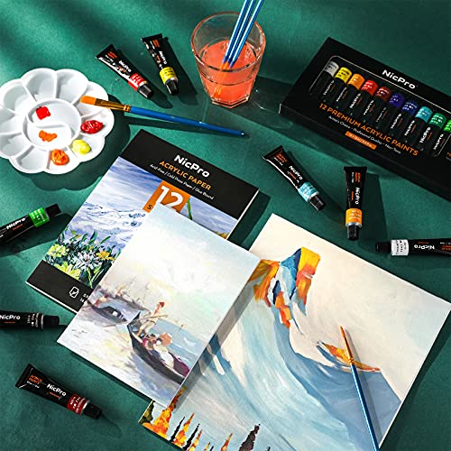 Nicpro Acrylic Paint Set, Kid Art Painting Kit Include 2 Set of Acrylic Paint (12 Colors), 30pcs Paint Brushes,5 Canvas Panel,Wood Easel,3pcs Tray,A5 Paper Pad Color Wheel for Beginner Student Artists