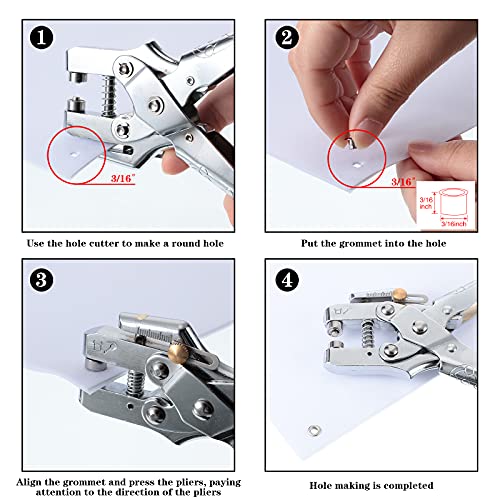 Grommet Eyelet Pliers 3/16 Inch Eyelet Hole Punch Pliers with 200 Piece Metal Eyelets Easy Press Hollow Grommet Portable Handheld Grommet Eyelet Setting Tools for Card Paper Canvas (Silver)