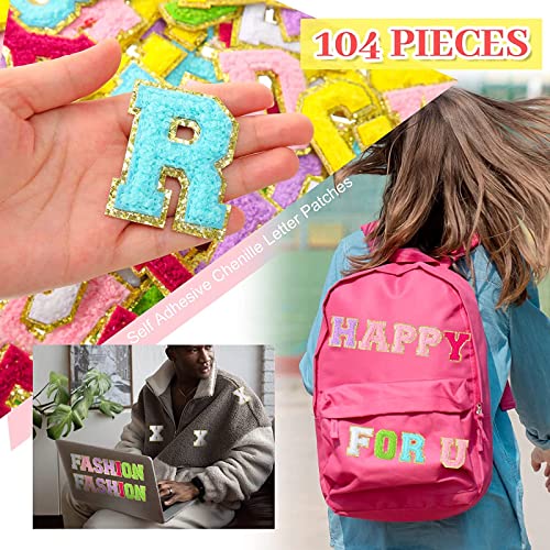 104 Pieces Self Adhesive Chenille Letter Patches Dupes Glitter Chenille Letter Patches Initial Patches for Clothing DIY Mobile Phone Backpacks Hat (Multicolor)