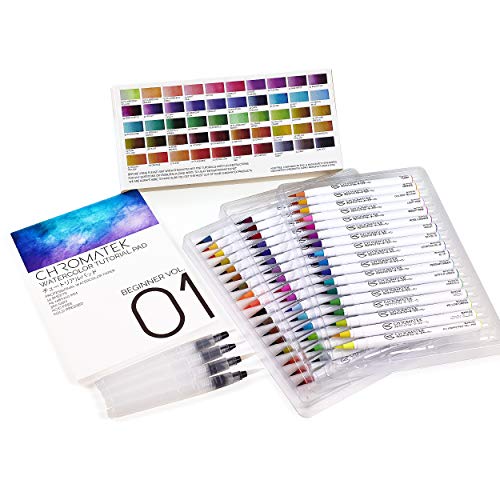 54 Watercolor Pens, 15 Page Pad & Online Video Tutorial Series by Chromatek. Real Brush Pens. 4 Blending Brushes. Easily Blendable. Vivid. Smooth. 50 Unique Colors. Professional Art Supplies