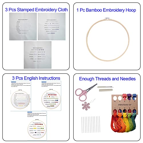 Beginners Embroidery Stitch Practice kit, 3 Sets Embroidery Kit to Learn 30 Different Stitches for Craft Lover Hand Stitch with Embroidery Fabric with Embroidery Skill Techniques