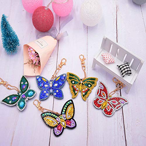 LVIITIS 5 Pieces DIY 5D Diamond Painting Kits for Adults and Kids Full Drill, DIY Keychain Pendant Kits for Butterfly Art Craf (Butterfly)