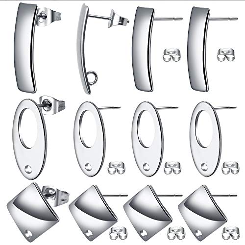 Aylifu 30pcs Stud Earring Findings Earring Post with Loop and 30pcs Stainless Steel Earring Backs for Jewellery Making,Silver,3 Styles