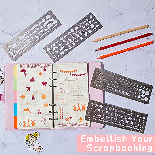 4 Pieces Metal Stencil Bookmark Metal Journal Stencil Ruler Stainless Steel Stencils Kit Metal Notebook Stencil Templates for DIY, Engraving, Painting, Scrapbooking, 7.1 x 2.3 Inch (Geometry Style)