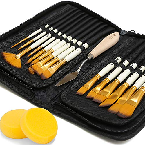 DUGATO Artist Paint Brush Set 15pcs Includes Pop-up Carrying Case with Painting Knife and 2 Sponges for Acrylic, Oil, Watercolor, Art, Scale Model, Face, Paint by Numbers