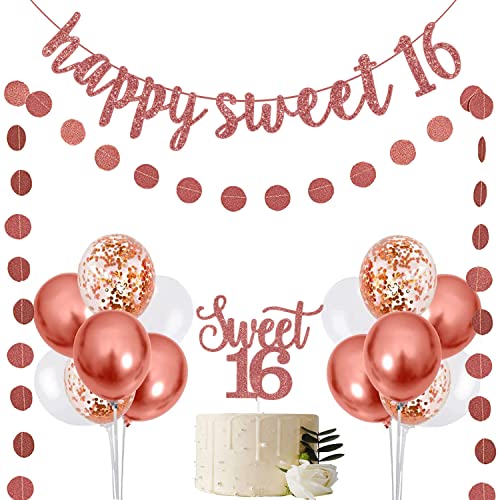 Sweet 16 Decorations Rose Gold - Happy Sweet 16 Birthday Banner Pre-Strung & Sweet 16 Cake Topper & Circle Dots Garland & White Rose Gold Confetti Balloons for 16th Birthday Decorations