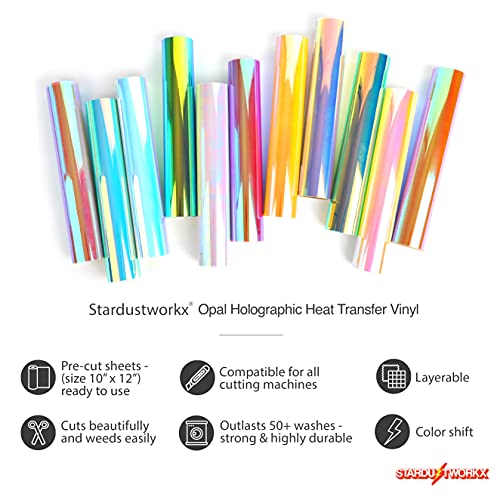 Stardustworkx Opal Holographic Heat Transfer Vinyl 11 Pack Holographic Iron on Vinyl Rainbow Vinyl Glitter HTV Metallic HTV Sheets Chameleon Iridescent 11.4"X9.8" for Cricut Silhouette Heat Press