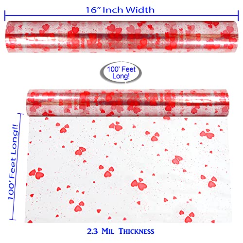 Cellophane Wrap Roll Hearts Design | 100’ Ft. Long X 16” in. Wide | 2.3 Mil Thick Crystal Clear with Red Hearts | Gifts, Baskets, Treats, Flowers, Cello Wrapping Paper | Hearts Design Cellophane for Birthdays, Holidays, Graduations | by Anapoliz