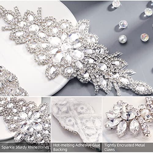 5 Pcs Crystal Rhinestone Applique Silver Wedding Applique Iron on Rhinestone Sash Applique Rhinestone Hair Applique for Bridal Wedding Dress Clothes Shoes(Exquisite Style)